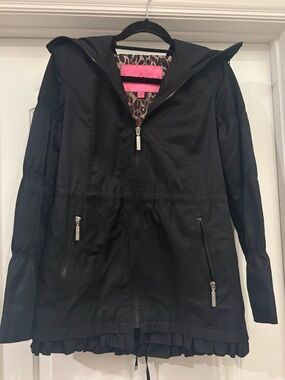 Betsey Johnson Solid Black Trench Raincoat Size S